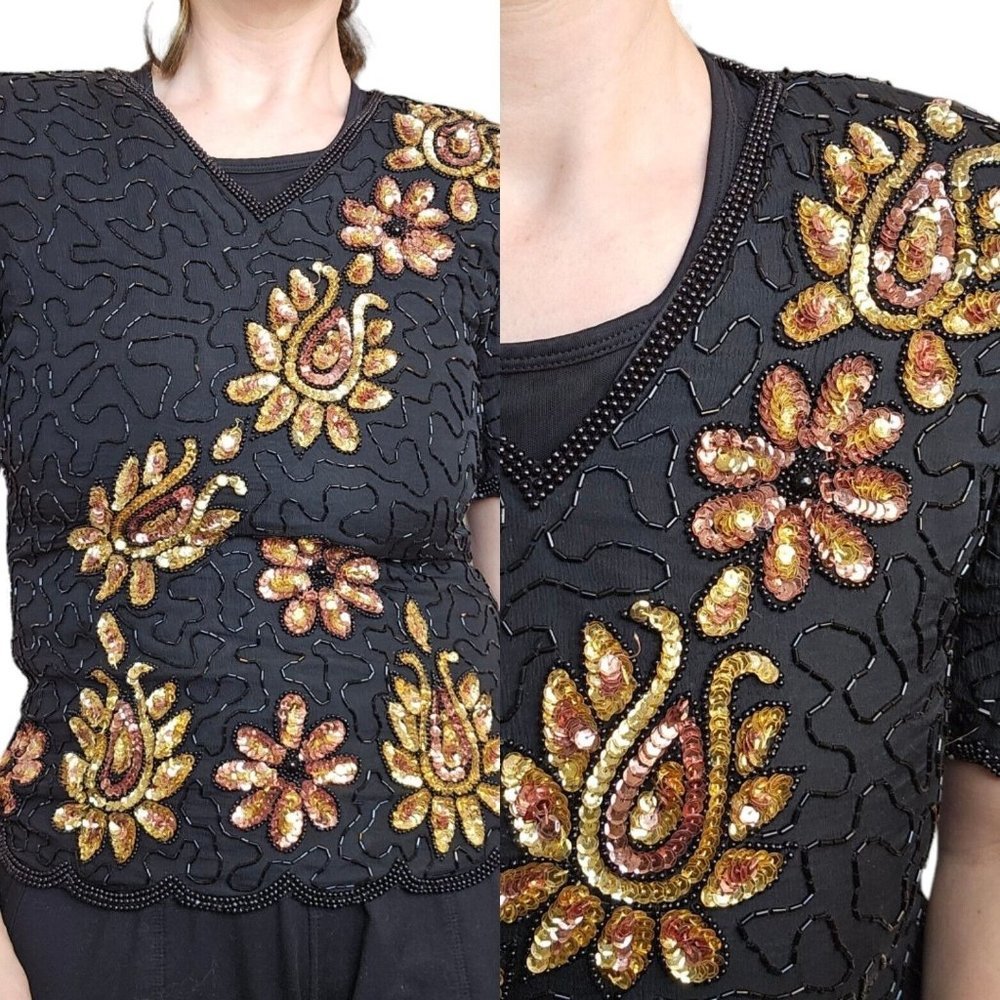 80s Small Black Silk Beaded Formal‎ Blouse Sequins Special Occasion Gold